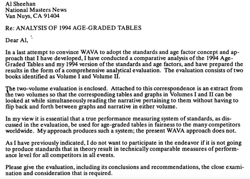 Letter from "Dr. Track" Chuck Phillips to Al Sheahen on development of Age-Graded Tables for WAVA